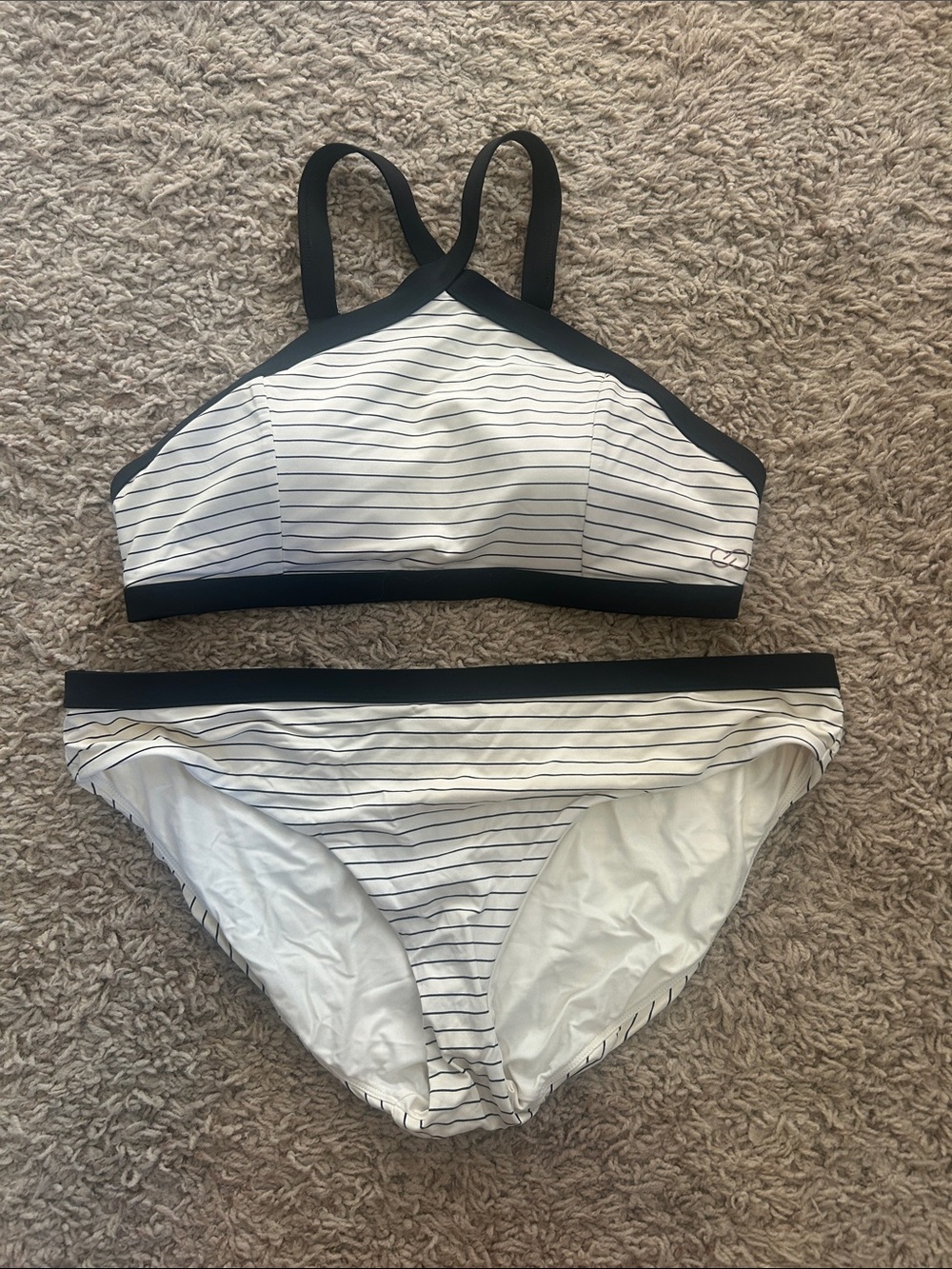 Striped White & Black Bikini Set